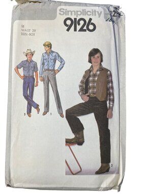 Vintage 70s Simplicity 9126 Sewing Pattern Size 18 Teen Boys Shirt Pant Vest CUT